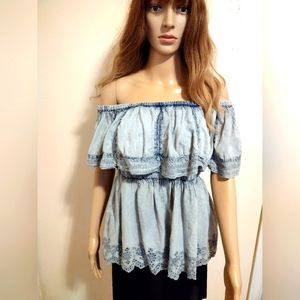 Rachel Zoe Cotton Denim Ruffle Off The Shoulder Gray Eyelet Blouse Size Large